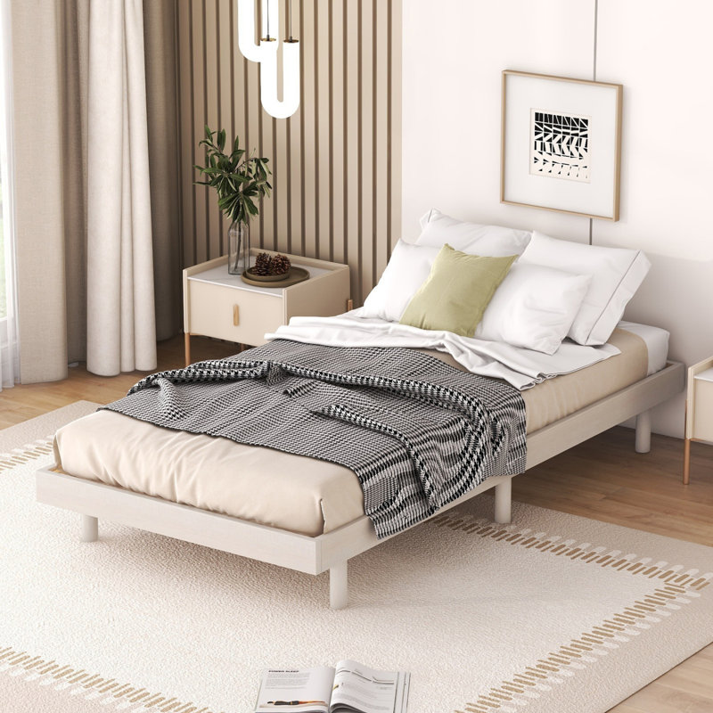 Modern Design Floating Platform Bed Frame, White Washed