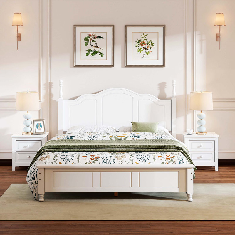 Ensemble de chambre à coucher blanche 3 pièces - Grand lit plateforme en bois avec deux tables de chevet, Blanc, Grand lit