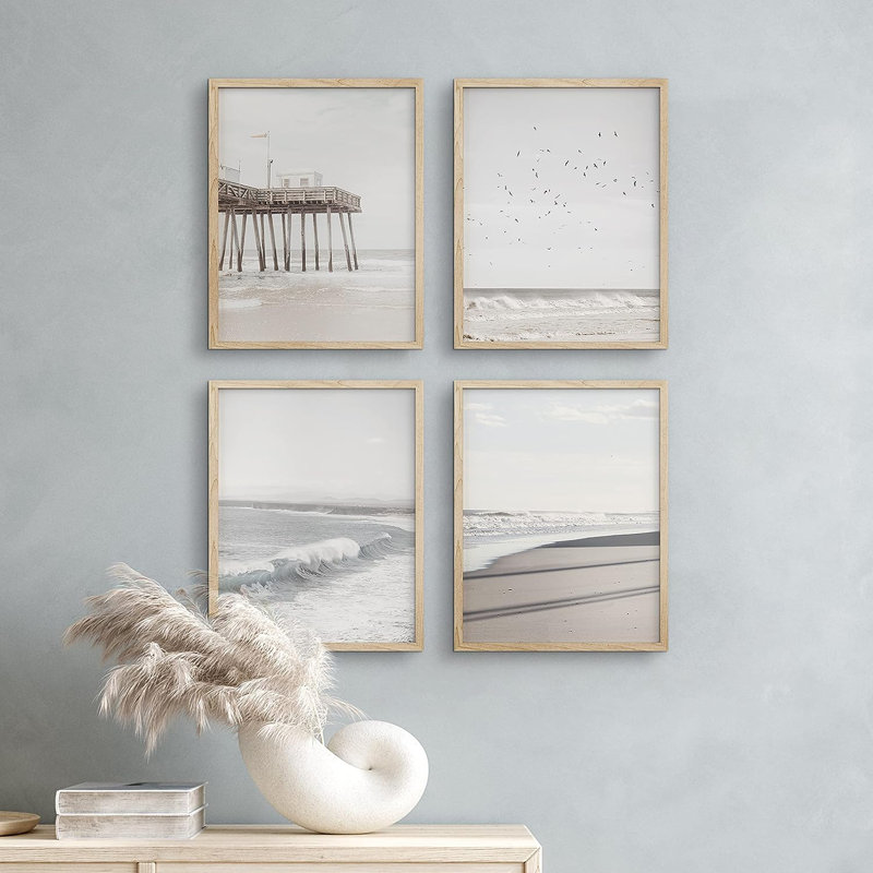 «California Ocean Beach Seashore Pier», reproduction encadrée de 4 pièces, H 14 po x l 11 po x P 1 po, Encadré naturel