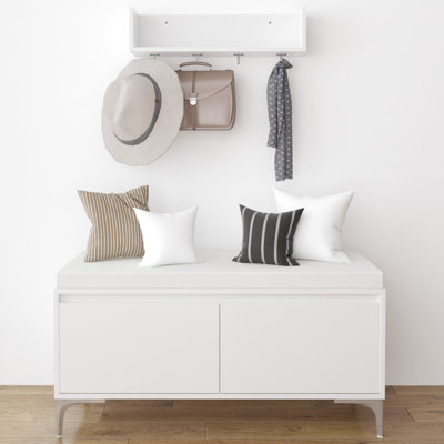 Wall - Mounted Shelf With Hooks And Storage Bench, Modern White Shoe Cabinet Soft Padded Seat Cushion. Organizes Entryway Possessions. Spacious Closed For Shoes Other Items. Secure Mount Durability