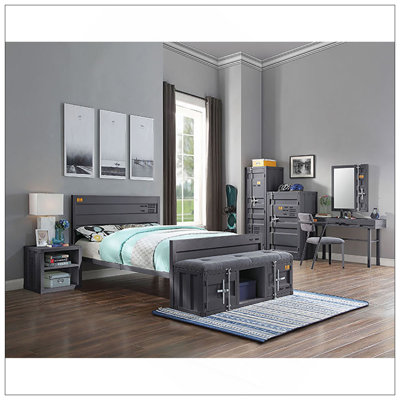 Stylish Cargo Container Themed Metal Platform Bed With Industrial Design, No Box Spring Required