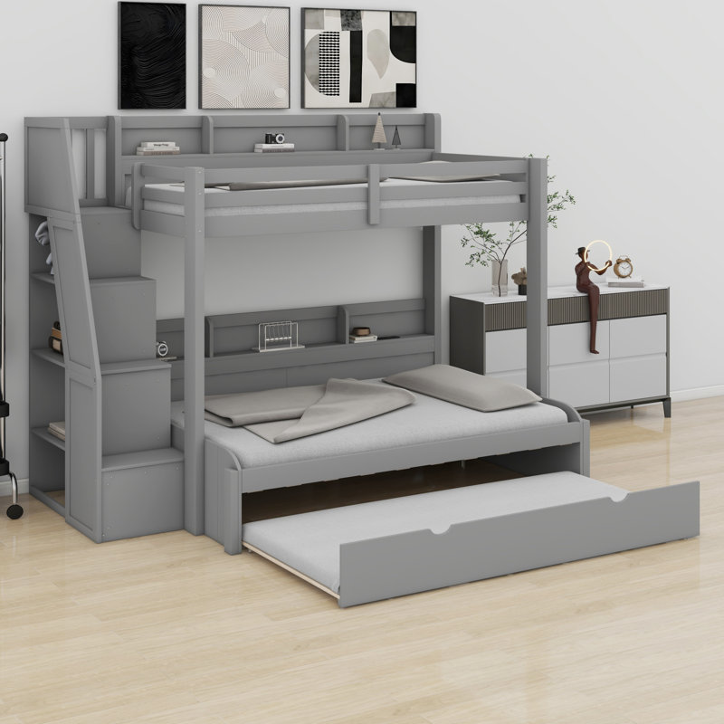 Integrated USB LED Storage Staircase Bunk Bed With Trundle, Gray