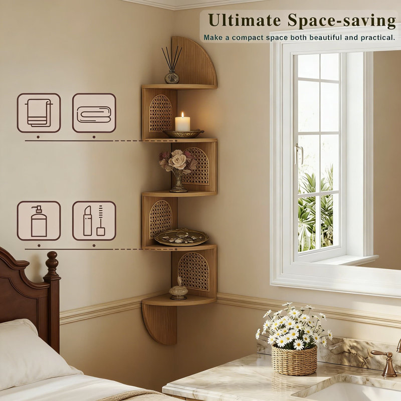 Tablettes d'angle flottantes pour le mur, étagère de coin en zigzag à 5 niveaux avec côtés en rotin de PVC, rangement peu encombrant pour le salon, la cuisine, la chambre à coucher, décor de style bohème