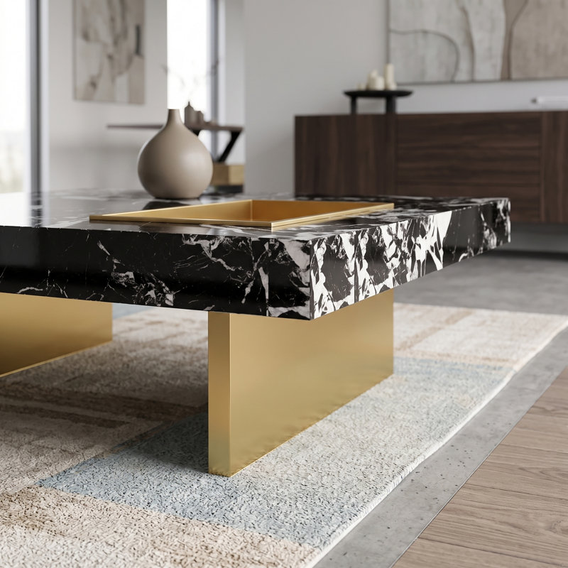 Table basse carrée surdimensionnée 47,24 "pour le salon, centre de table moderne en faux marbre avec base en acier inoxydable doré
