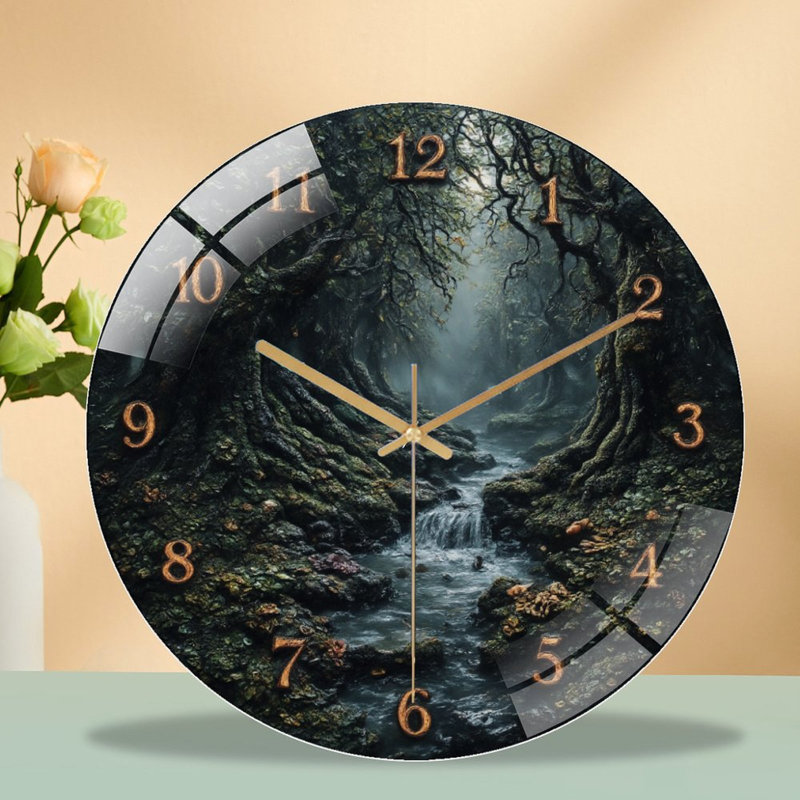 Horloge murale forêt en bois avec chiffres et cascade - 12 po