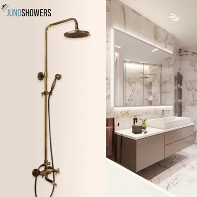 Juno 8-Inch Antique Brushed Brass Shower Head Wall Mount Mixing Valve and Handheld Shower Set