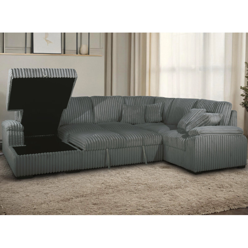Corduroy U-Shape Sectional With Pull Out Bed & Storage Chaise + 6 Pillows, Gray Corduroy, Left Hand Facing