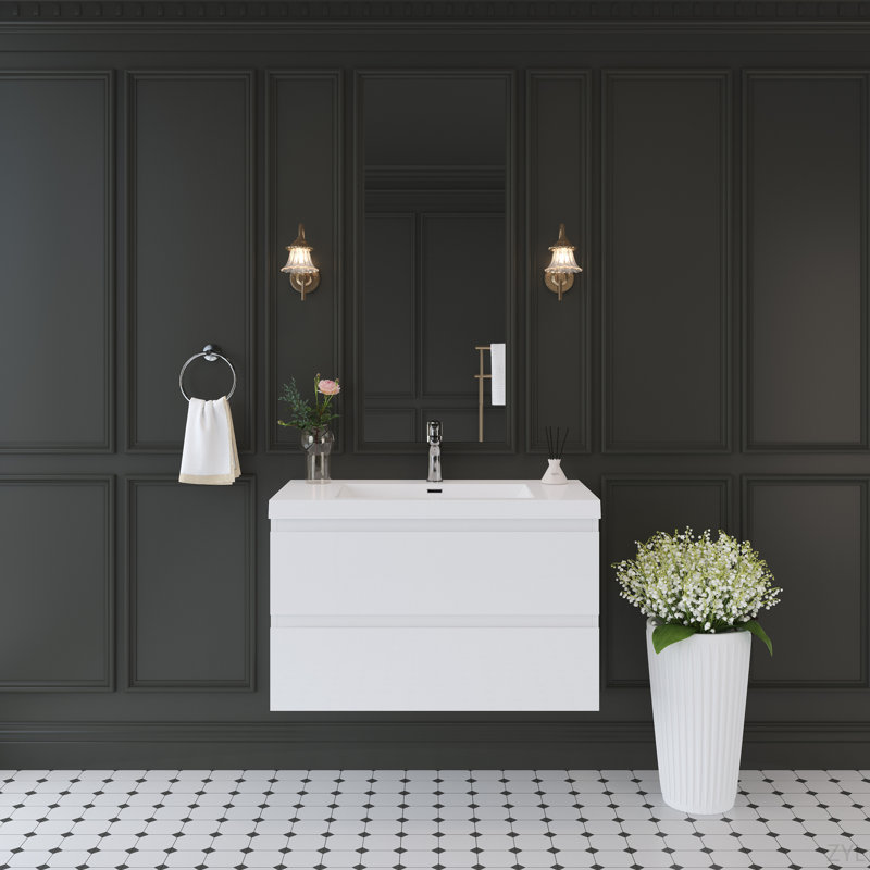Meuble-lavabo flottant avec lavabo, meuble-lavabo mural moderne avec lavabo à surface solide et tiroirs à fermeture en douceur