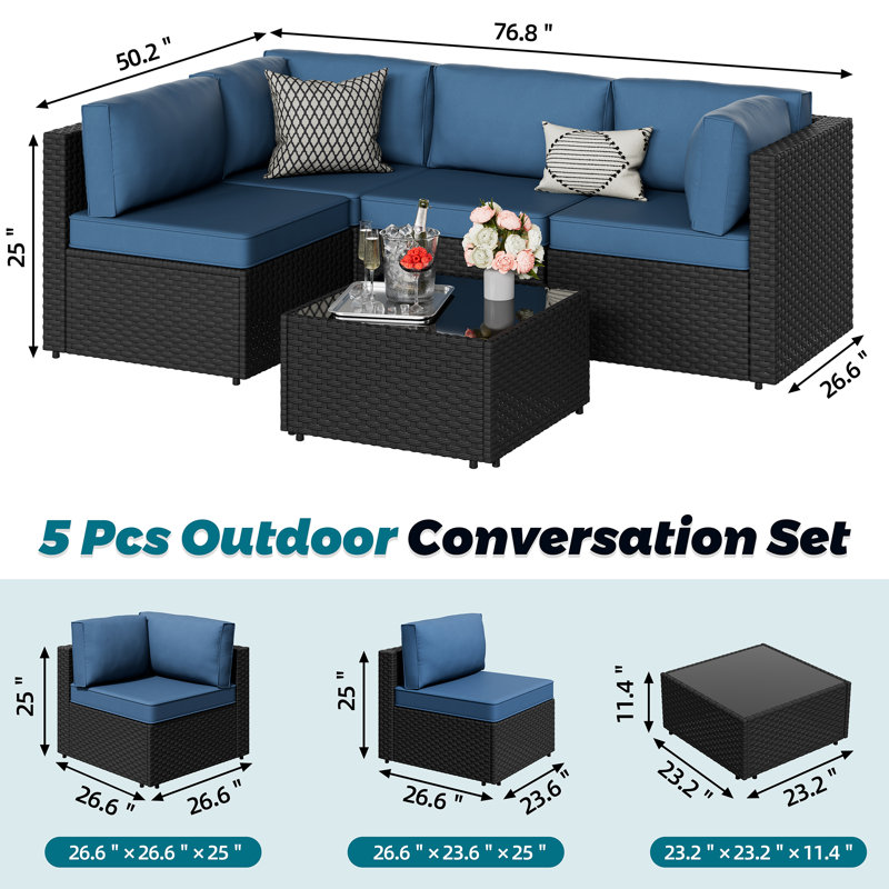 Ensemble de conversation d'extérieur pour 4 personnes avec coussins 4 personnes, Marine, Noir