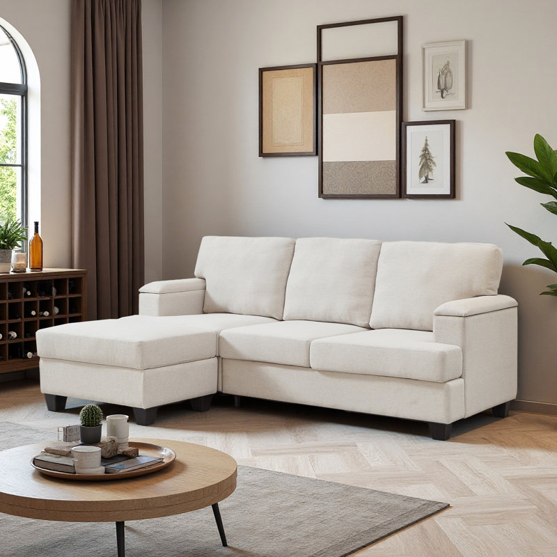 86" Linen Upholstered Sofa with a Movable Storage Ottoman, Underseat Storage and 2 Flip-up Armrests, Beige