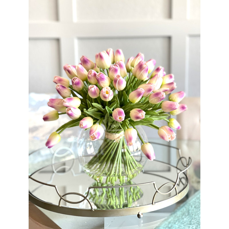 Arrangement floral moderne 60 tulipes, Rose / Vert
