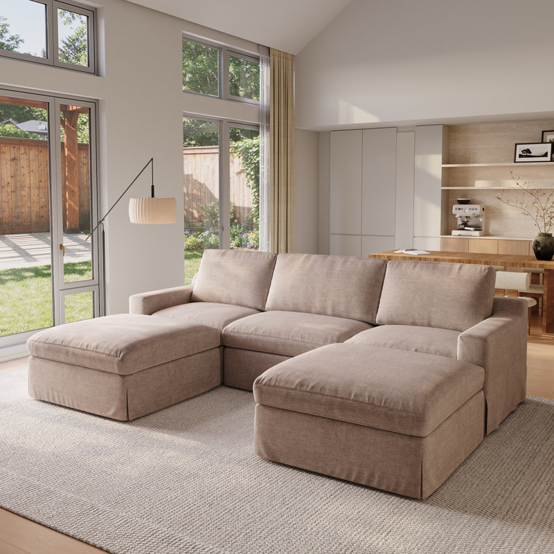 5 Piece Upholstered Slipcovered Linen Sectional Sofa With Ottoman, Lin kaki