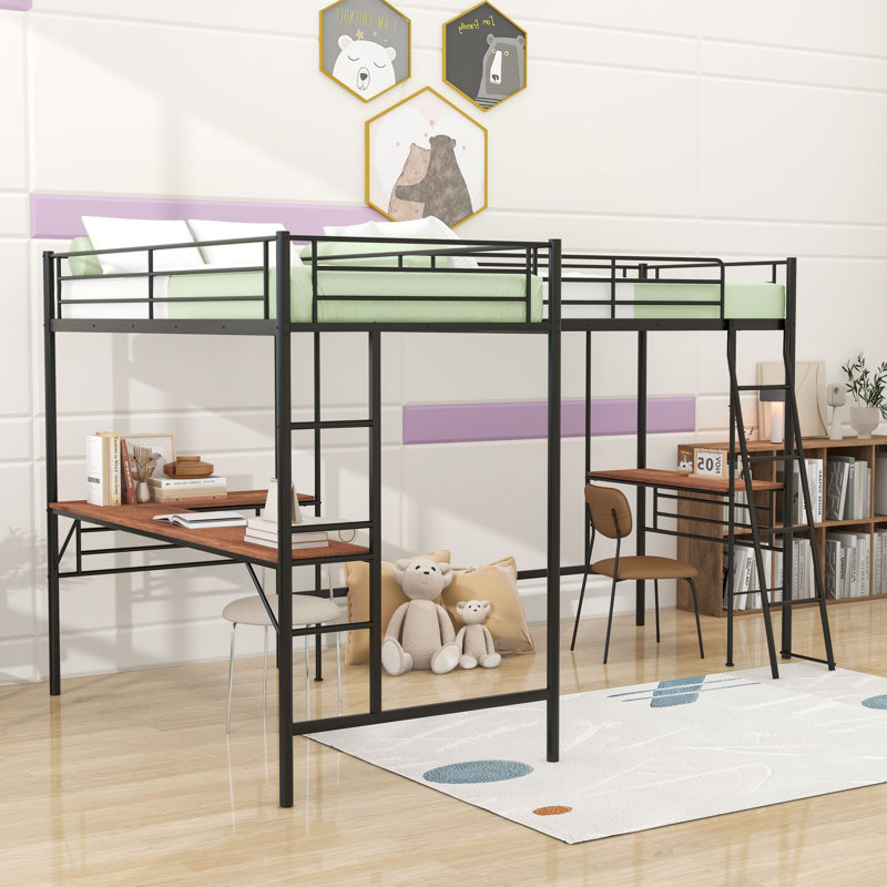 Lit mezzanine simple en métal avec deux bureaux intégrés en forme de L