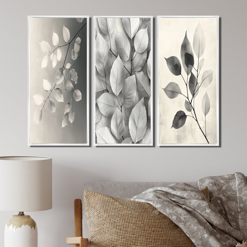 Galet à feuilles grises veines de la nature I - Collection de décorations murales feuilles, H 40 po x l 60 po, Blanc
