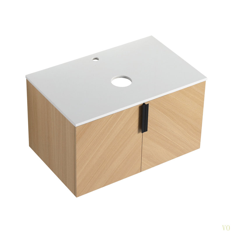 Meuble-lavabo de 30 po avec dalle de pierre artificielle, porte à fermeture en douceur, fixation murale, emballage KD (meuble-lavabo seulement, sans lavabo)