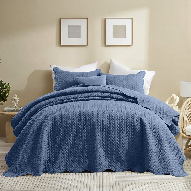 Microfiber Embossed Oversized Modern & Contemporary Bedspread Set With Shams, Washed Blue, Full Bedspread + 2 Pillowcases