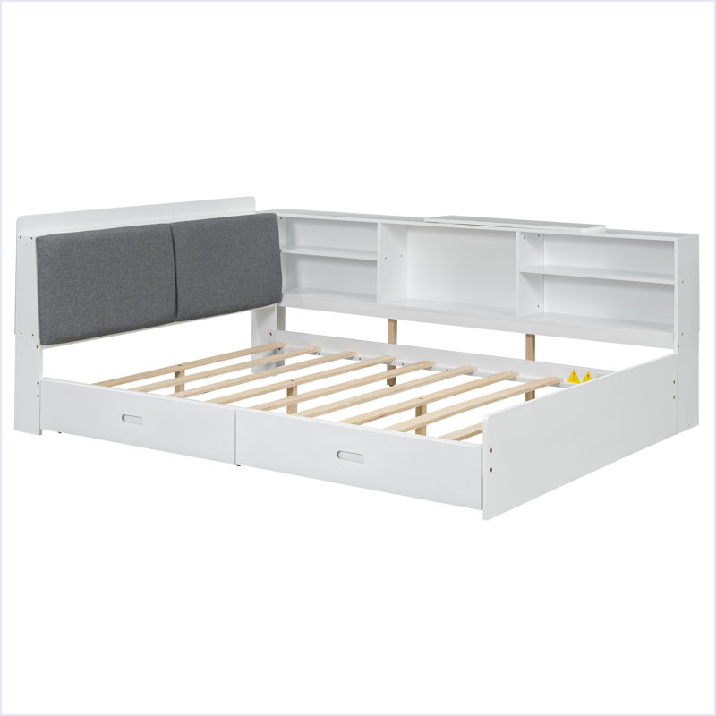Lit plateforme en bois avec tête de lit avec rangement, tablettes et 2 tiroirs, Blanc, Lit double