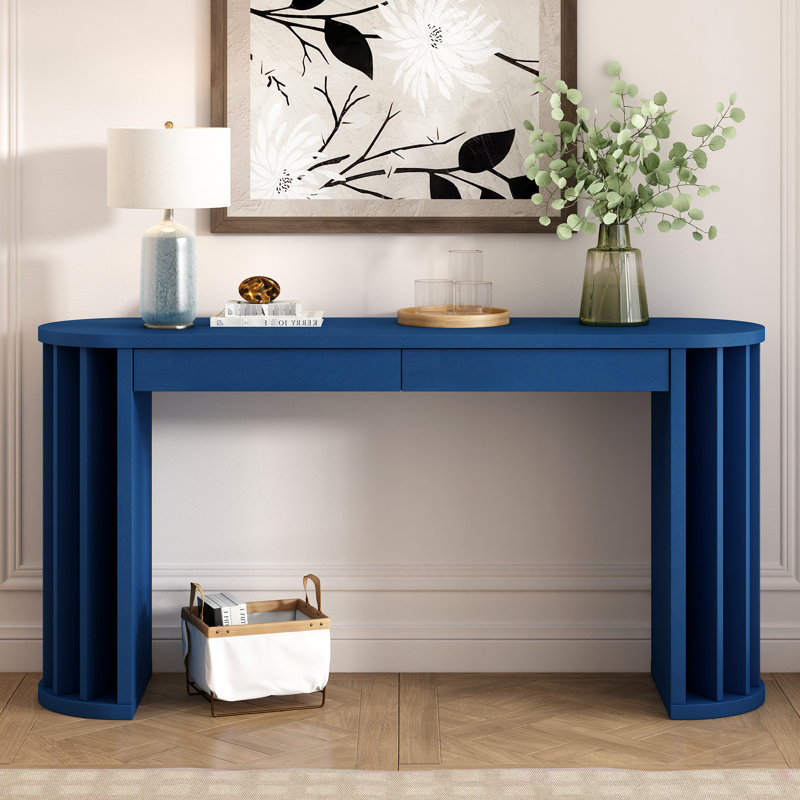 Table de 59 pouces avec placage de chêne, bleu marine, support solide, canapé derrière la table, console au design unique, pieds en forme d'éventail, lignes droites et courbées, organisation de couloir
