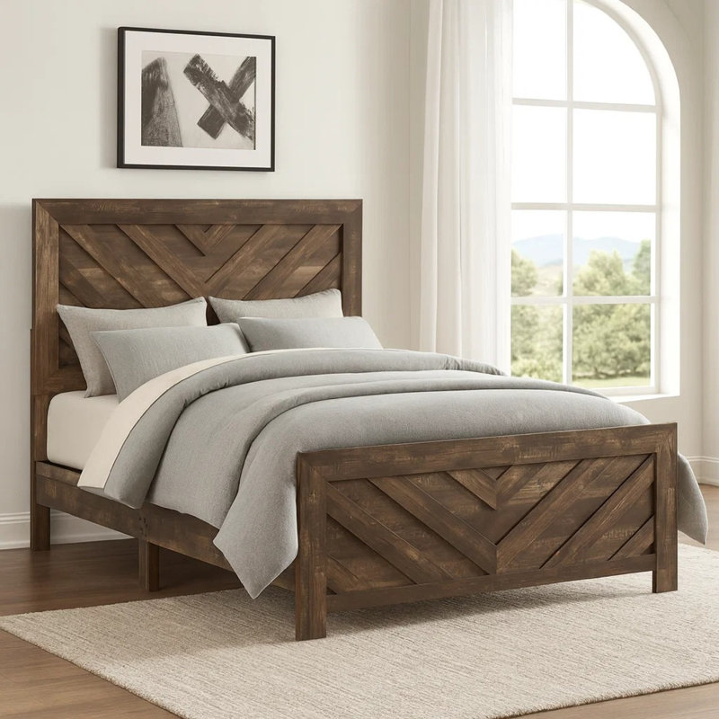 Lit à panneaux contemporain en bois, Brun rustique, Lit double