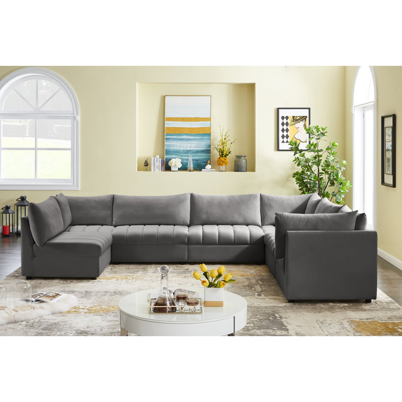 Canapé modulaire en velours réversible de 140 po Ensoll, Velours gris