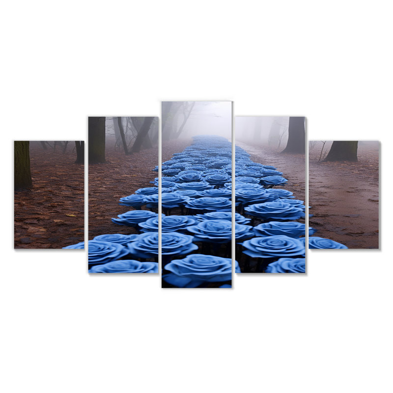 «Forest Path Of Blue Roses - Roses, art mural sur toile 5 pièces