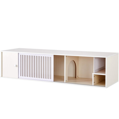 Stylish Cream White Cat Tv Stand With Convenient Storage And Smoothly Removable Sliding Door For Pets Functional Effortlessly