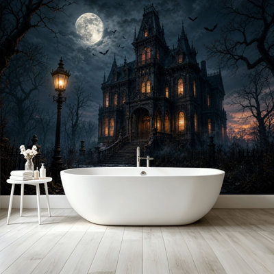 Peler et coller le papier peint adhésif gothique Haunted Mansion Under Full Moon Bats Bare Trees, art mural auto-adhésif et amovible
