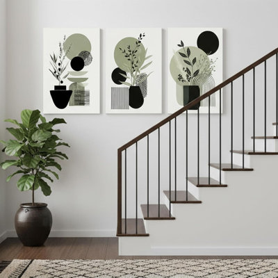 3 Piece Sage Green Boho Canvas Wall Art - Modern Abstract Botanical Leaf Painting With Geometric Lines, Minimalist Green Wall Decor For Living Room, Bedroom, Office, 12X16 Inch