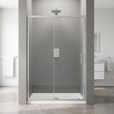 Porte de douche à cadre coulissante simple l 48 po x H 72 po au fini chrome avec verre trempé transparent de 1/5 po d'épaisseur et poignée en acier inoxydable
