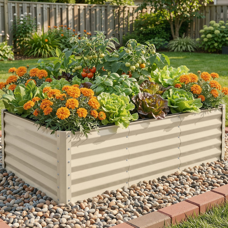 Galvanized Raised Garden Bed With Gloves, Cream, 36" H x 96" W x 48" D