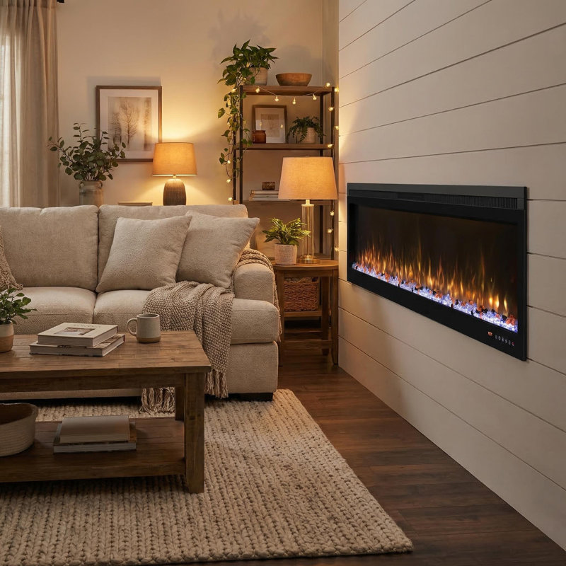 Linear Recessed-In Electric Fireplace With Remote Control, Adjustable Heat & Timer, 17.72" H x 72" W x 6.3" D