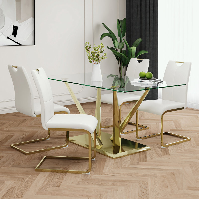 Ensemble de table de salle à manger 5 pièces avec plateau en verre et base en acier inoxydable, Blanc