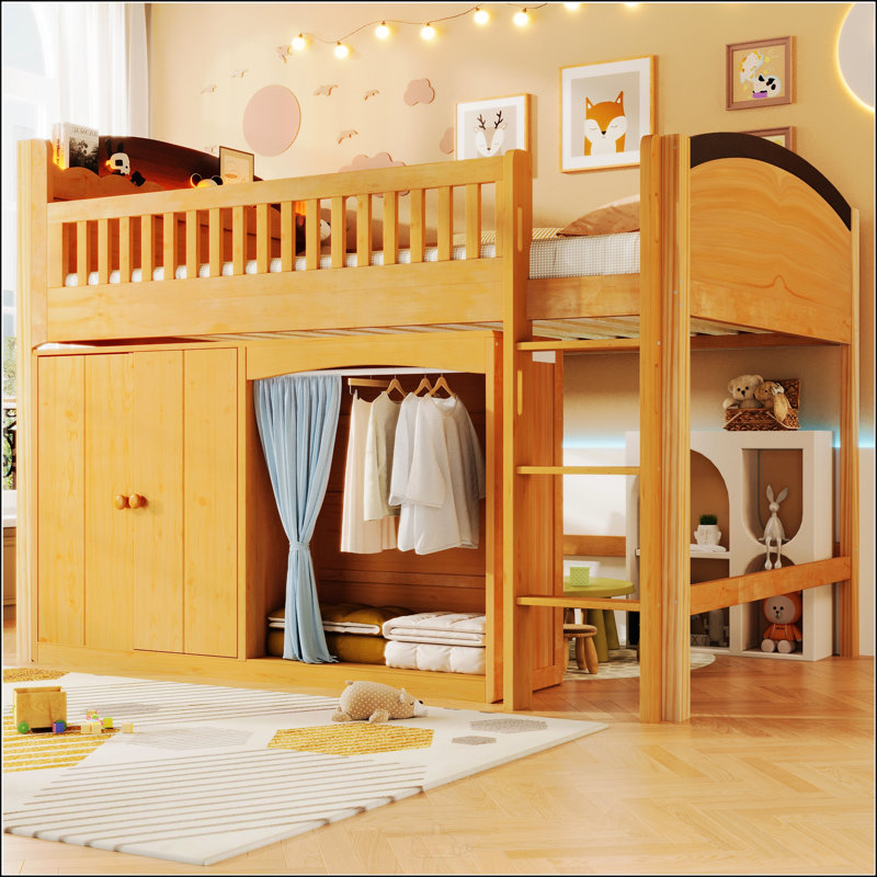 Lit mezzanine double avec rangement, garde-robe et éclairage à DEL, conception peu encombrante, Bois