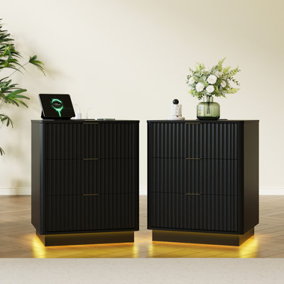 Fluted Nightstand Set of 2, Wooden Bedside End Table with Charging Station (2 Outlets, 1 USB, 1 Type-C), 7-Color LED Light, 3 Drawers, Modern Mid-Century Design, Black, 20"W x 15.7"D x 24"H