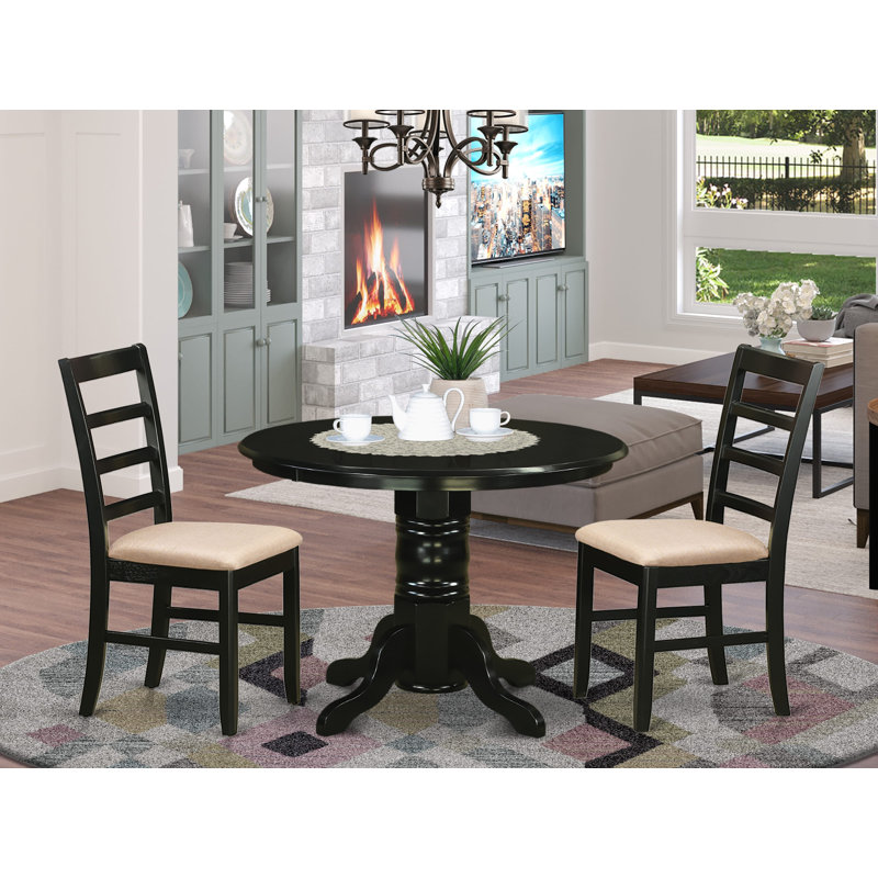 Ensemble de table et chaises de salle à manger 3 pièces pour petits espaces : table ronde avec pied central et 2 chaises de salle à manger en lin, 107 x 107 cm, noir.