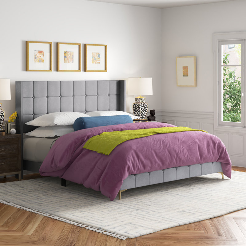 Lit tapissier capitonné standard Mikaela, Gris argenté, Grand