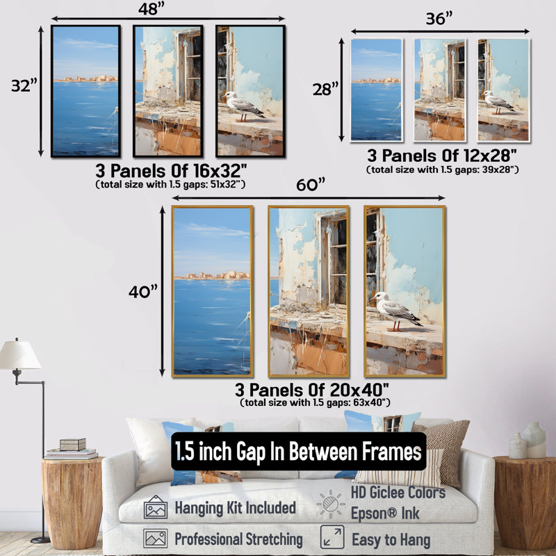 «Seagulls Perch Horizon II - Coastal Windows», art mural, H 28 po x l 36 po x P 1 po, Cadre flottant brun