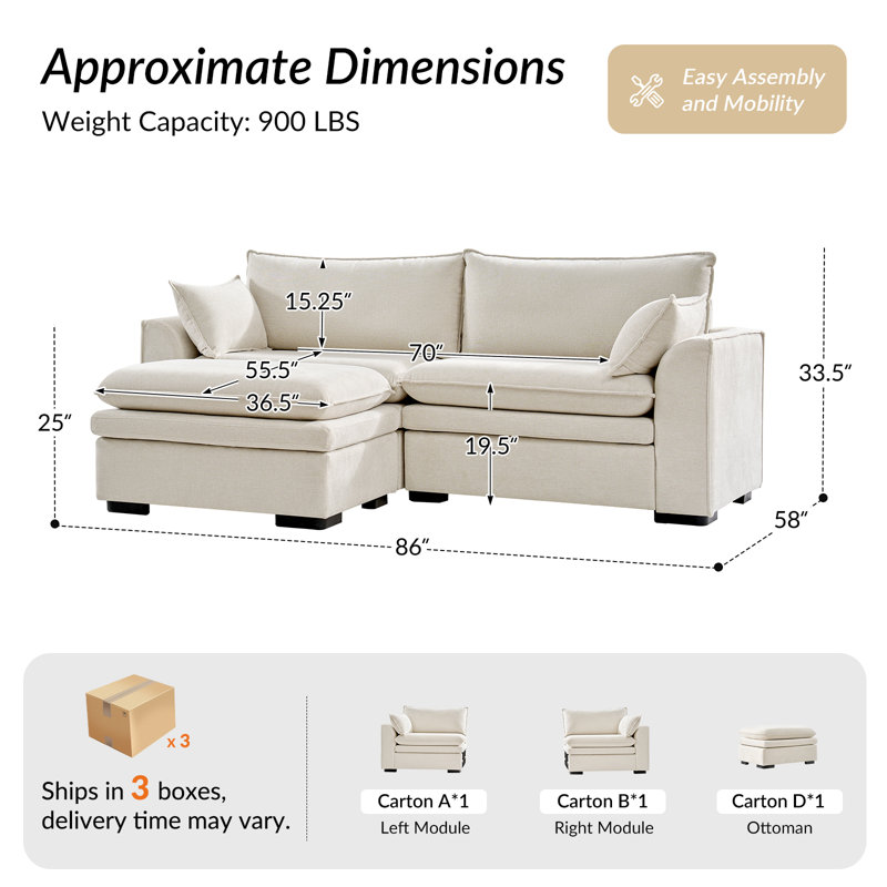 Wolff 3-Piece L-Shape Sectional Sofa with Double-Cushion, Ivory