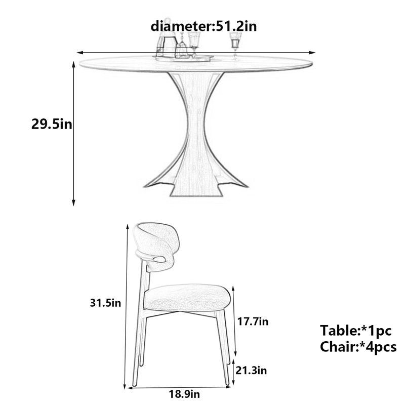 Table de salle à manger élégante avec plateau en marbre, H 29,5 po x L 51,2 po x l 51,2 po