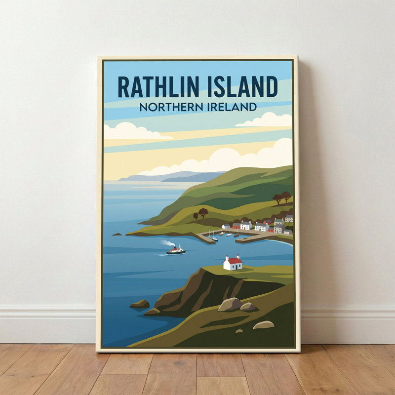 Rathlin Island, Northern Ireland - Romantic Coastal Travel Poster Of Cliffs, Harbour And Sea. Giclee Print On Wrapped Canvas. Wall Art, Home Decor - Natural Landmarks, Northern Ireland - Wrapped Canvas Print