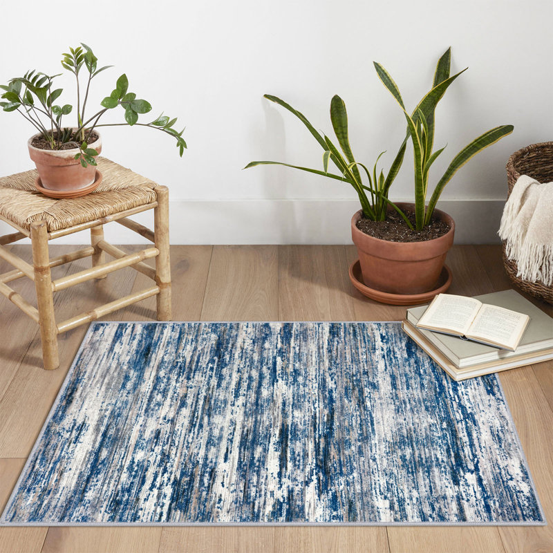 Tapis décoratif moderne à motif lavable 2x3 , Bleu marine / gris / neutre / multicolore, Rectangulaire 2 pi x 3 pi
