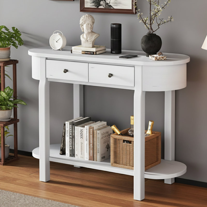 Retro Console Table, Solid Pine Wood Frame, Glazed Finish, 2 Storage Drawers