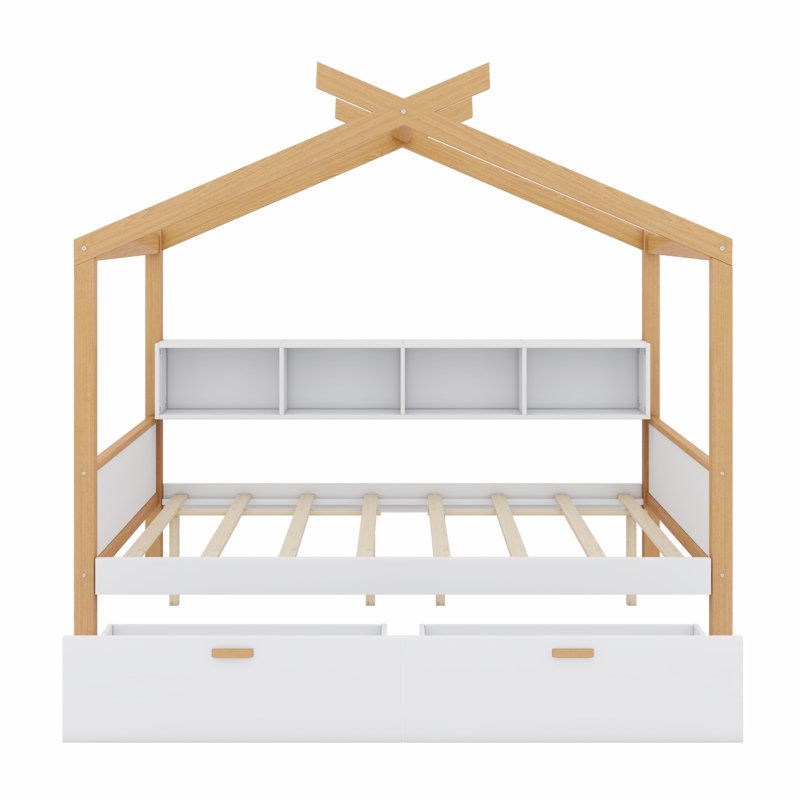 Lit en bois avec tiroirs et bibliothèque