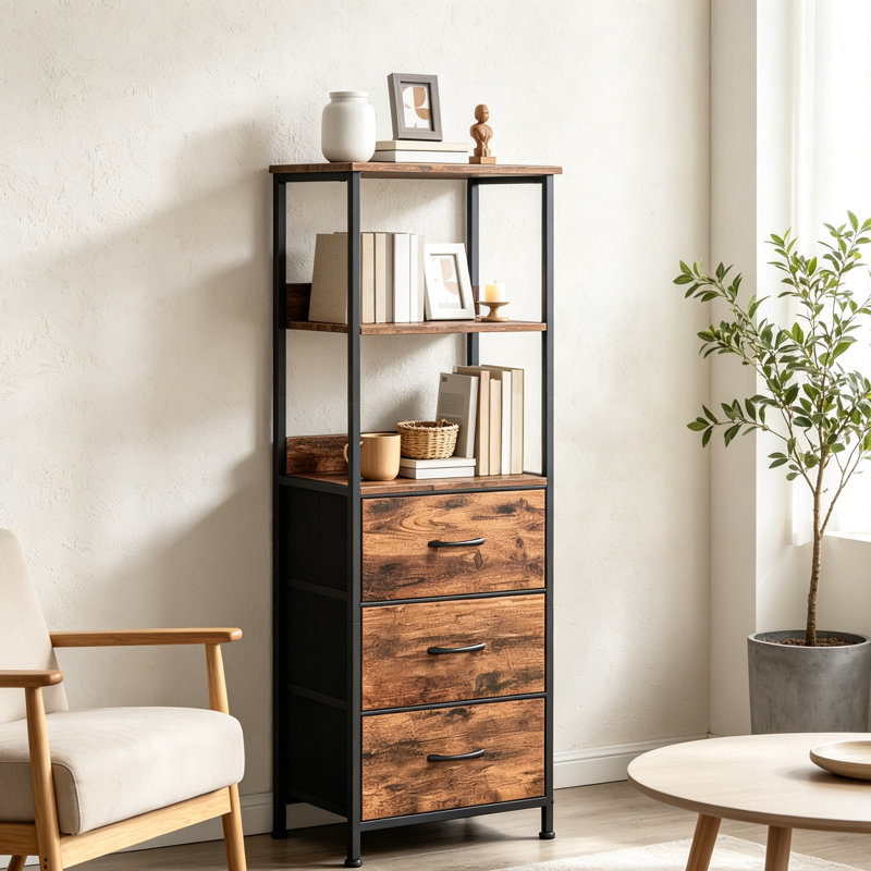 5-Tier Bookshelf with 3 Fabric Drawers, Modern Brown Storage Unit