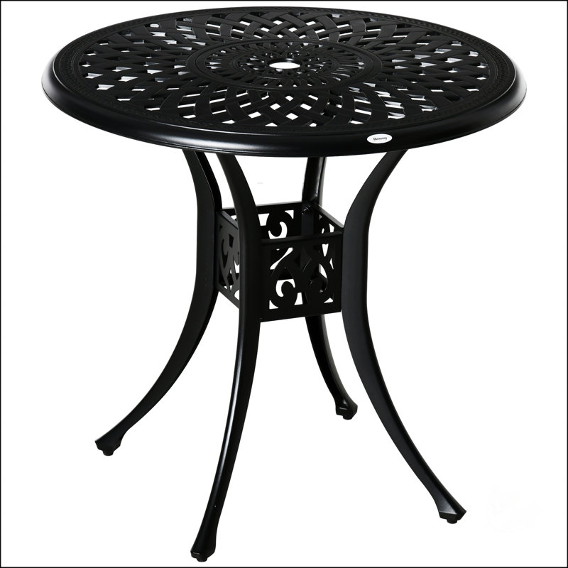 Antique Cast Aluminum 30 Inch Round Patio Dining Table With Umbrella Hole For Outdoor Use, Durable And Stylish