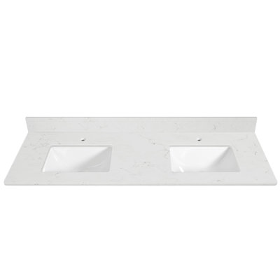 Plan de toilette double rectangulaire en quartz blanc de 155 x 56 cm avec lavabo encastré en céramique et dosseret de 10 cm.