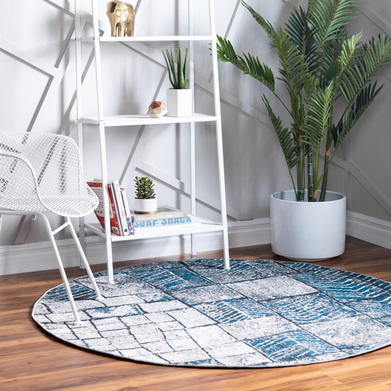 Tapis bleu/gris, Rond 5 pi 3 po