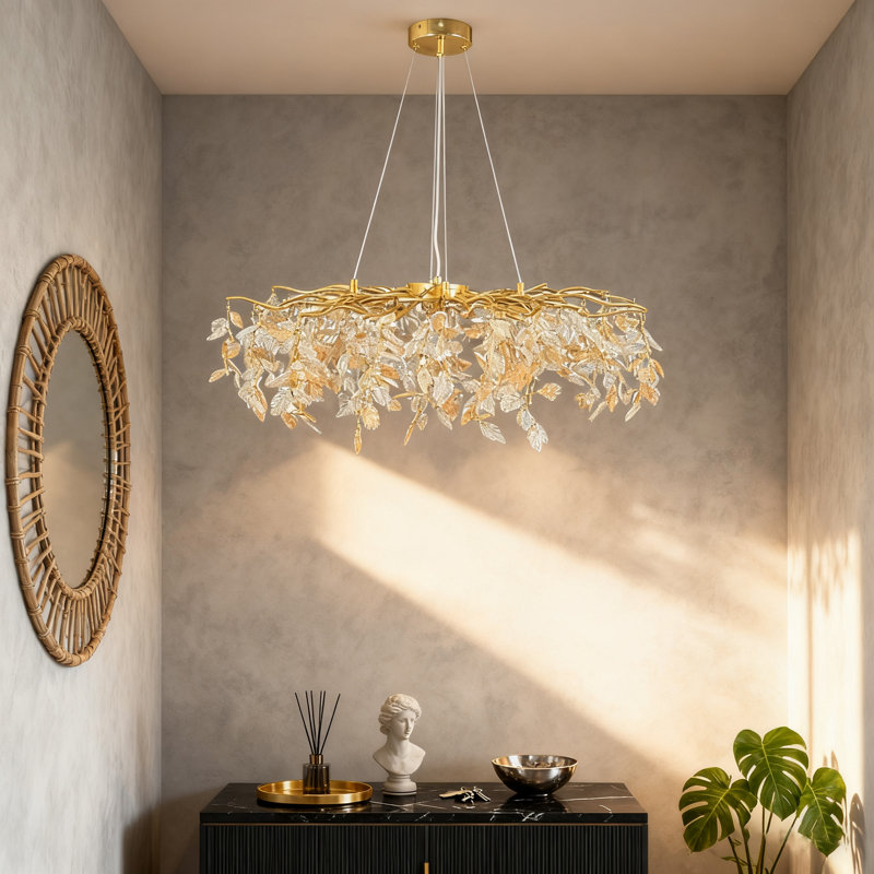 31.5" Deluxe Maple Leaf Crystal Pendant, Modern Golden Tree Branch Design, G9 Base, No Bulbs