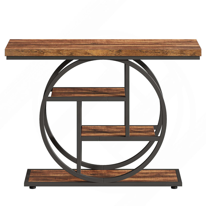 Industrial 4-Tier Console Table With Multi-Tier Storage For Living Room Hallway Foyer, Rustic Brown/Black