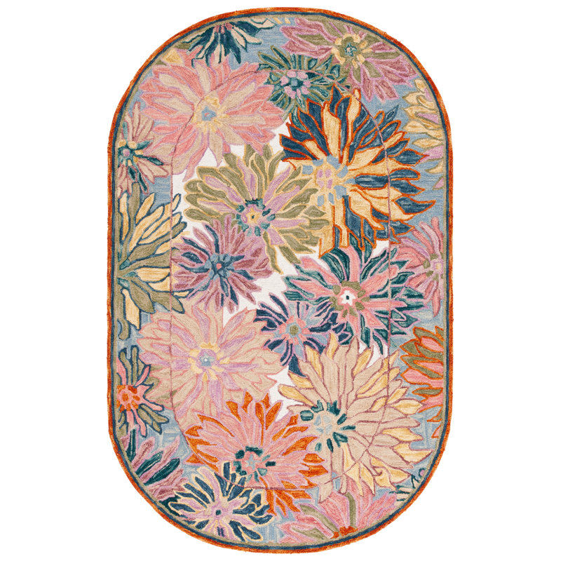 Elrey Hand-Tufted Wool and Cotton Floral Area Rug, Oval 5' x 8'